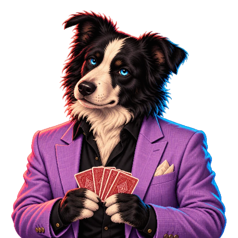A collie in a lavender evening jacket holds playing cards.